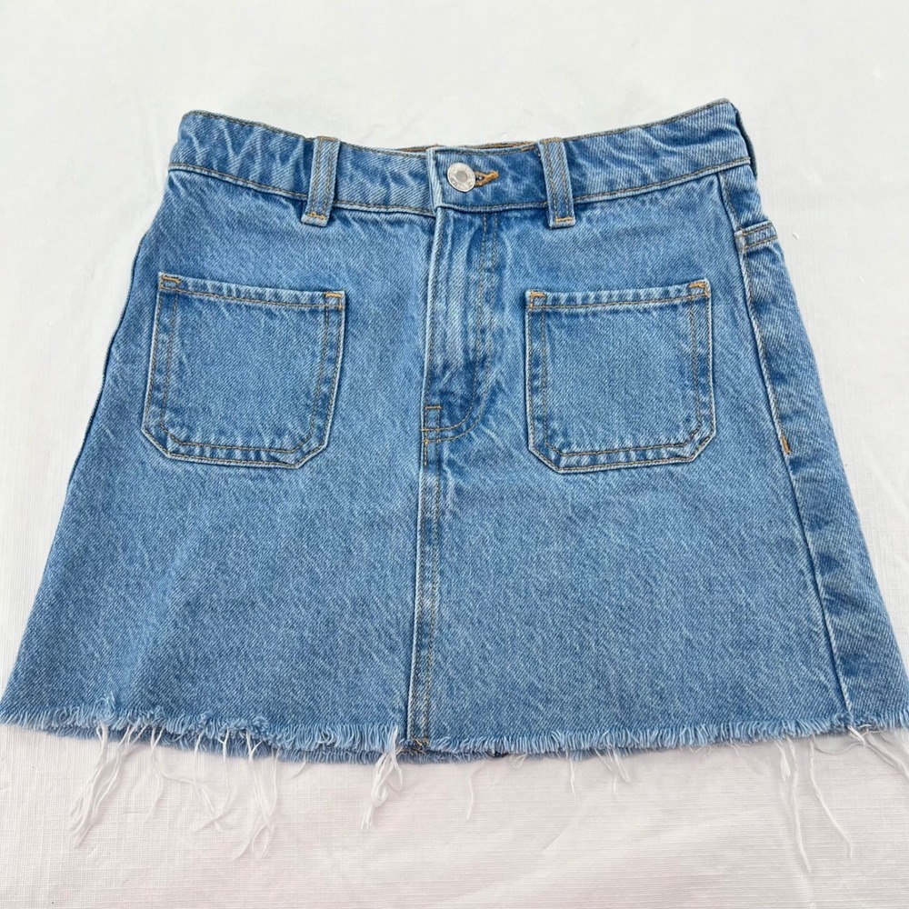MNG Kids Denim Lab Girls Size 10 Medium Wash‎ Blue Frayed Hem Mini Skirt 140cm
